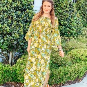 Green off the shoulder floral maxi dress side slit